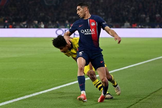 07 05 2024, xjrdrx, Football UEFA Champions League, Paris St Germain Borussia Dortmund emspor, v l Karim Adeyemi Borussia Dortmund Achraf Hakimi PSG Paris St Germain duel, action, action, battle for the ball DFL DFB REGULATIONS PROHIBIT ANY USE OF PHOTOGRAPHS as IMAGE SEQUENCES and or QUASI VIDEO Paris