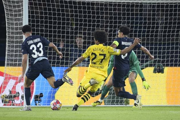 Karim Adeyemi (Borussia Dortmund) vs Marquinhos (PSG) - Warren Zaire-Emery (PSG) - Gianluigi Donnarumma (PSG) FOOTBALL : Paris Saint Germain Vs Borussia Dortmund - Ligue des Champions - 07 05 2024 MichaelBaucher Panoramic 