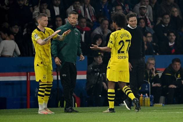 07 05 2024, xjrdrx, Football UEFA Champions League, Paris St Germain Borussia Dortmund emspor, v l Substitution Karim Adeyemi Borussia Dortmund Coach Edin Terzic Borussia Dortmund Substitution Marco Reus Borussia Dortmund DFL DFB REGULATIONS PROHIBIT ANY USE OF PHOTOGRAPHS as IMAGE SEQUENCES and or QUASI VIDEO Paris