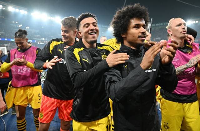 07 05 2024, xjrdrx, Football UEFA Champions League, Paris St Germain Borussia Dortmund emspor, v l Jaden Sancho Borussia Dortmund , Karim Adeyemi Borussia Dortmund , Youssoufa Moukoko Borussia Dortmund DFL DFB REGULATIONS PROHIBIT ANY USE OF PHOTOGRAPHS as IMAGE SEQUENCES and or QUASI VIDEO Paris