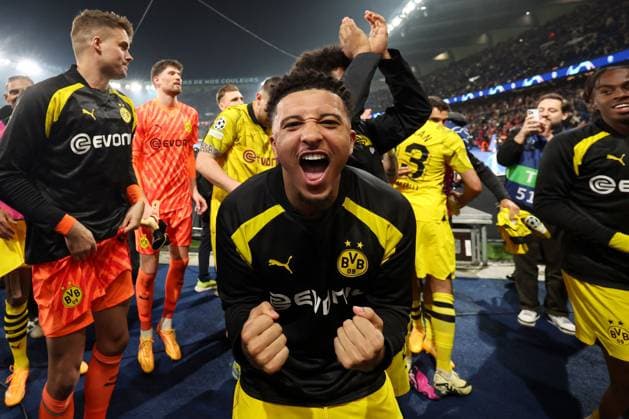 Jadon Sancho of Borussia Dortmund celebrates reaching the Champions League Final at full-time Paris Saint-Germain v Borussia Dortmund, UEFA Champions League, Semi Final, Second Leg, Football, Parc des Princes, Paris, France - 07 May 2024 EDITORIAL USE ONLY No use with unauthorised audio, video, data, fixture lists, club league logos or live services. Online in-match use limited to 120 images, no video emulation. No use in betting, games or single club league player publications. Copyright: xPaulxCurrie Shutterstockx 14458453dl