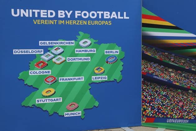 UEFA EURO 2024 European Championship trophy visits Leipzig, 07 05 24 Graphic with the 10 German host cities of EURO 2024 The trophy of the European Football Championship also made a stop at Leipzig Zoo on 07 05 24 Copyright: xBEAUTIFULxSPORTS JanxKaeferx