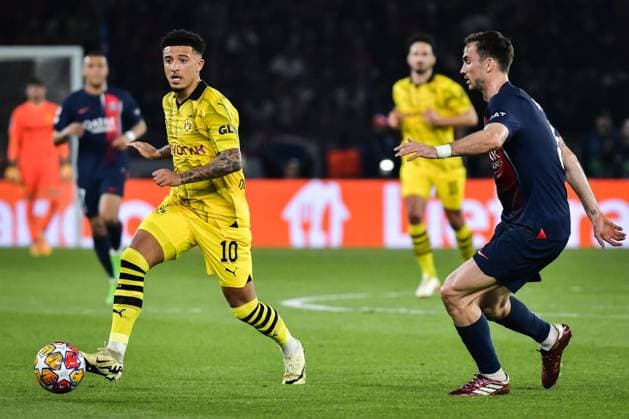 Champions League PSG vs Borussia Dortmund FA Borussia Dortmund?s forward Jadon Sancho runs with the ball during the UEFA Champions League semi-final football match between Paris Saint-Germain and Borussia Dortmund at the Parc des Princes stadium in Paris on May 7, 2024. Photo by Firas Abdullah ABACAPRESS.COM  Copyright: xAbdullahxFiras ABACAx