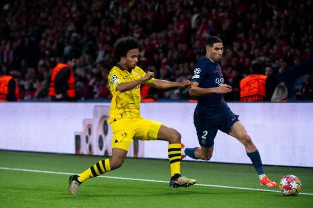 Karim Adeyemi Borussia Dortmund, 27 in duel with Achraf Hakimi Paris Saint Germain, 02 , FRA, Paris Saint Germain PSG vs Borussia Dortmund BVB , Football, UEFA Champions League, Semi-final second leg, 2023 2024 season, 07 05 2024 FRA, Paris Saint Germain PSG vs Borussia Dortmund BVB , Football, UEFA Champions League, Semi-final second leg, 2023 2024 season, 07 05 2024 Paris Copyright: xEibner-Pressefoto Memmlerx EP_MMR