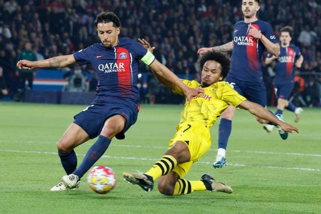 (240508) -- PARIS, May 8, 2024 -- Marquinhos (L) of Paris Saint-Germain vies with Karim Adeyemi of Borussia Dortmund during the UEFA Champions League semifinal 2nd leg match between Paris Saint-Germain and Borussia Dortmund in Paris, France, May 7, 2024. (Photo by Xinhua) (SP)FRANCE-PARIS-FOOTBALL-UEFA CHAMPIONS LEAGUE-SEMIFINALS-PSG VS DORTMUND HenrixSzwarc 