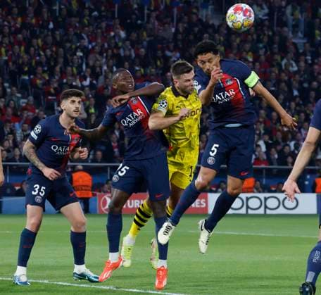 (240508) -- PARIS, May 8, 2024 -- Marquinhos (1st R) of Paris Saint-Germain vies for a header during the UEFA Champions League semifinal 2nd leg match between Paris Saint-Germain and Borussia Dortmund in Paris, France, May 7, 2024. (Photo by Xinhua) (SP)FRANCE-PARIS-FOOTBALL-UEFA CHAMPIONS LEAGUE-SEMIFINALS-PSG VS DORTMUND HenrixSzwarc 