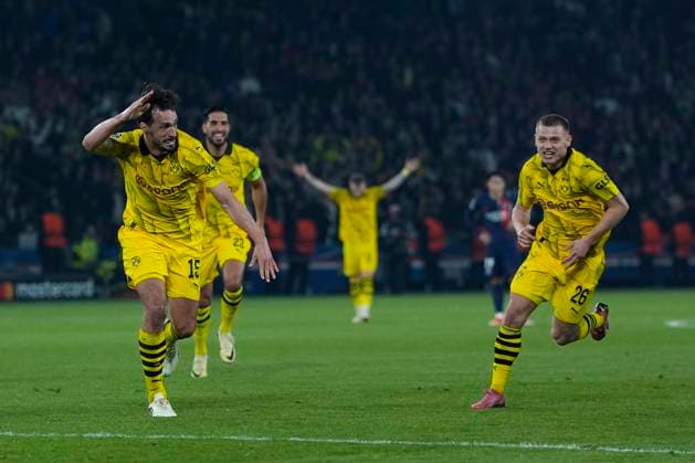 PARIS, FRANCE - MAY 7: Mats Hummels (15) (Borussia Dortmund) and Julian Ryerson (26) (Borussia Dortmund) react after winning the Champions League match between Paris Saint-Germain (PSG) and Borussia Dortmund on May 7, 2024, at Parc des Princes in Paris, France. (Photo by Glenn Gervot Icon Sportswire) SOCCER: MAY 07 Champions League - Borussia Dortmund at PSG EDITORIAL USE ONLY Icon2400507036