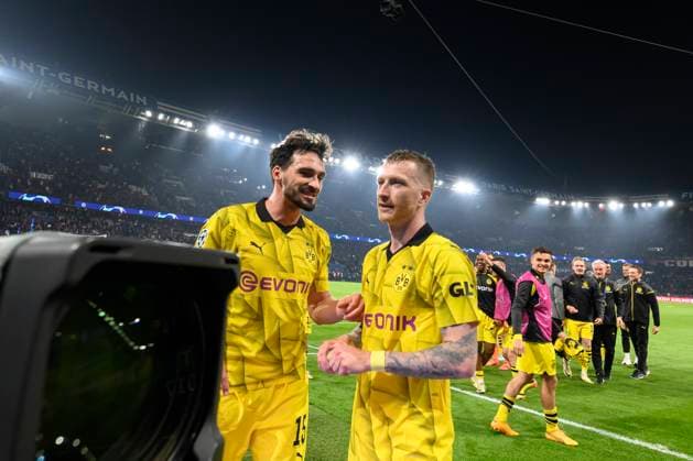 Marco Reus 11 Borussia Dortmund and Mats Hummels 15 Borussia Dortmund happy, Paris Saint Germain vs Borussia Dortmund, Football, Champions League, semi-final, 07 05 2024 Paris North Rhine-Westphalia France Copyright: xkolbert-press MarcxNiemeyerx