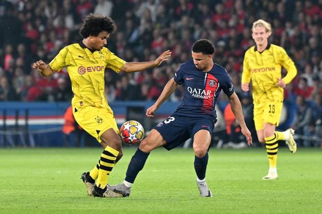 Paris, Parc des Princes, 07 05 24, GER, Men, UEFA Champions League, Semi-final, Season 2023 2024, Paris Saint Germain Borussia Dortmund Picture from left in duel Karim ADEYEMI Dortmund and Warren ZAIRE EMERY Paris Only for editorial use UEFA regulations prohibit any use of photographs as image sequences and or quasi video France