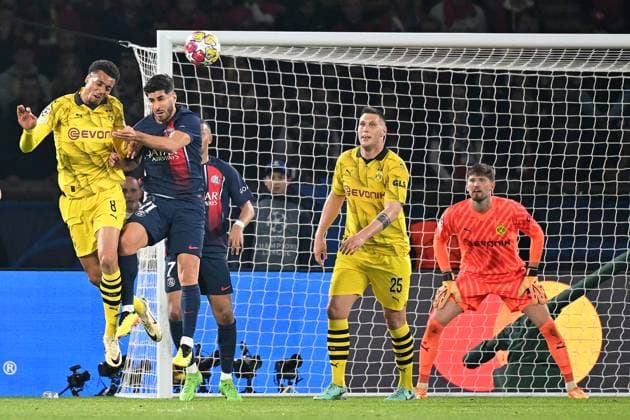 Paris, Parc des Princes, 07 05 24, GER, Men, UEFA Champions League, Semi-final, Season 2023 2024, Paris Saint Germain Borussia Dortmund Picture from left in duel Felix NMECHA Dortmund and Marco ASENSIO Paris in header, header duel Only for editorial use UEFA regulations prohibit any use of photographs as image sequences and or quasi video France