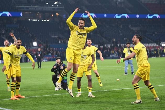 Paris, Parc des Princes, 07 05 24, GER, Men, UEFA Champions League, Semi-final, Season 2023 2024, Paris Saint Germain Borussia Dortmund Image Final celebration, Emotion, Joy at Felix NMECHA Dortmund Only for editorial use UEFA regulations prohibit any use of photographs as image sequences and or quasi video France