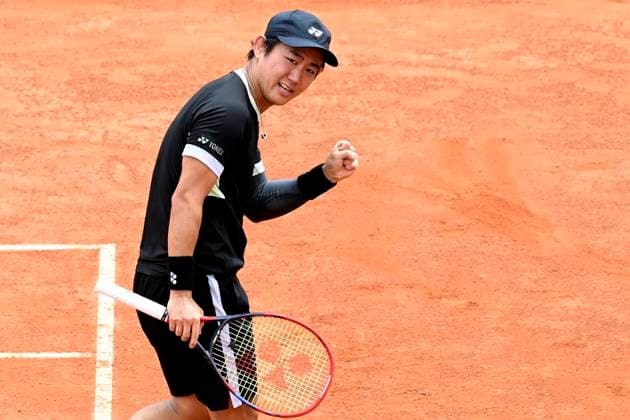 Yoshihito Nishioka of Japan celebrates during the match against Sebastian Ofner of Austria at the Internazionali BNL d Italia 2024 tennis tournament at Foro Italico in Rome, Italy on May 8, 2024. antoniettaxbaldassarre