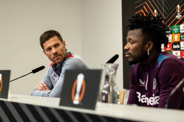 Bayer 04 Leverkusen, Press conference 08 05 2024 Xabi Alonso head coach, Bayer 04 Leverkusen watches Edmond Tapsoba Bayer 04 Leverkusen, 12 an Bayer 04 Leverkusen, Press conference for the UEFA Europa League match Bayer 04 Leverkusen AS Roma BayArena, Leverkusen 08 05 2024 Copyright: xBEAUTIFULxSPORTS Buriakovx