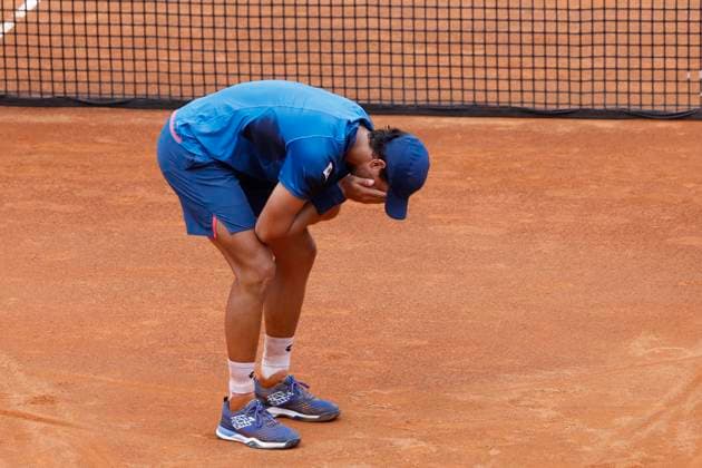 May 8, 2024, Rome, ITALY: Luciano Darderi of Italy celebrates after winning his men s singles 1st round match against Denis Shapovalov of Canada (not pictured) at the Italian Open tennis tournament in Rome, Italy, 08 May 2024 ANSA FABIO FRUSTACI Italian Open tennis tournament  - ZUMAa110 20240508_zaf_a110_023 Copyright: xFabioxFrustacix