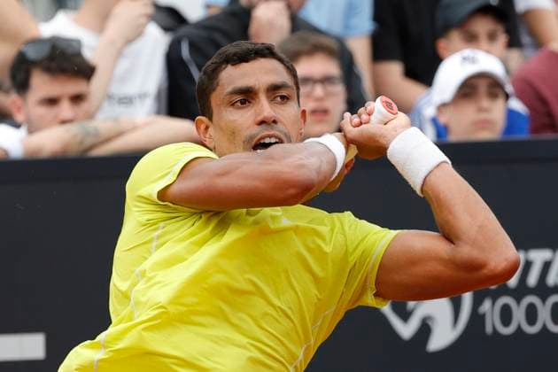 May 8, 2024, Rome, Lazio, Italy: Thiago Monteiro (BRA) is playing during the first round match against Gael Monfils (FRA) on day three of the Internazionali BNL D Italia 2024 at Foro Italico on May 08, 2024 in Rome, Italy. Rome Italy - ZUMAl131 20240508_zsp_l131_065 Copyright: xCiroxDexLucax