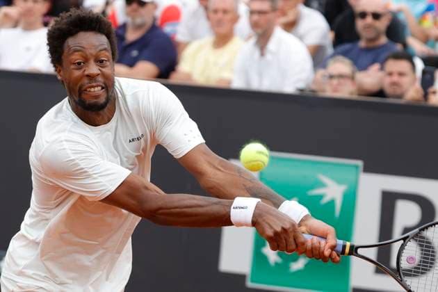 May 8, 2024, Rome, Lazio, Italy: Gael Monfils (FRA) is playing during the first round match against Thiago Monteiro (BRA) on day three of the Internazionali BNL D Italia 2024 at Foro Italico on May 08, 2024 in Rome, Italy. Rome Italy - ZUMAl131 20240508_zsp_l131_077 Copyright: xCiroxDexLucax