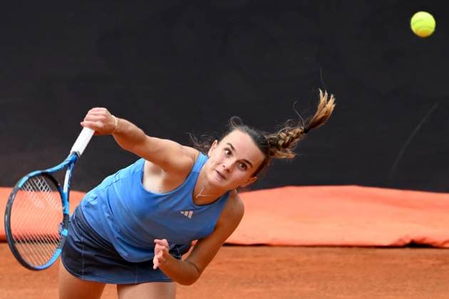 Clara Burel of France serves during the match against Naomi Osaka of United States of America at the Internazionali BNL d Italia 2024 tennis tournament at Foro Italico in Rome, Italy on May 8, 2024. Naomi Osaka defeated Clara Burel 7-6, 6-1. antoniettaxbaldassarre
