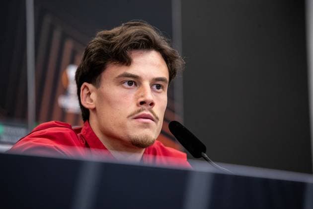 AS Roma, Press conference 08 05 2024 Mile Svilar AS Roma, 99 Bayer 04 Leverkusen, Press conference for the UEFA Europa League match Bayer 04 Leverkusen AS Roma BayArena, Leverkusen 08 05 2024 Copyright: xBEAUTIFULxSPORTS Buriakovx