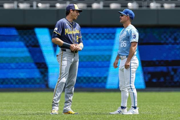 May 8, 2024: Milwaukee Brewers designated hitter Christian Yelich (22) and Kansas City Royals second baseman Adam Frazier (26) visit before the game at Kauffman Stadium in Kansas City, MO. CSM - ZUMAc04_ 20240508_zma_c04_001 Copyright: xDavidxSmithx