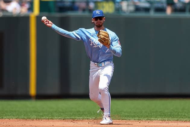 May 8, 2024: Kansas City Royals shortstop Bobby Witt Jr. (7) throws to first making the out on Milwaukee Brewers first baseman Gary SoÂ¡nchez (99) during the first inning at Kauffman Stadium in Kansas City, MO. CSM - ZUMAc04_ 20240508_zma_c04_003 Copyright: xDavidxSmithx