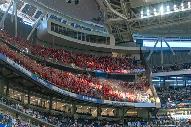 08 05 2024, Football UEFA Champions League 2023 2024 semi-final, Real Madrid FC Bayern Munich, at Estadio Santiago Bernabeu, Madrid, Bayern fans in their curve