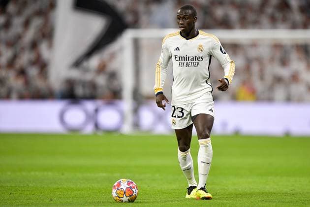 2024-05-08 Real Madrid v FC Bayern Munchen - Semi-final Second Leg - UEFA Champions League 2023 24 MADRID, SPAIN - MAY 8: Ferland Mendy of Real Madrid in action during the Semi-final Second Leg - UEFA Champions League 2023 24 match between Real Madrid and FC Bayern Munchen at Estadio Santiago Bernabeu on May 8, 2024 in Madrid, Spain. (Photo by Pablo Morano BSR Agency) Madrid Spain Content not available for redistribution in The Netherlands directly or indirectly through any third parties. Copyright: xBSRxAgencyx