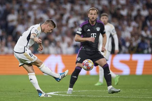 Toni Kroos of Real Madrid CF with the ball during the UEFA Champions League match between Real Madrid and Bayern Munich at Santiago Bernabeu Stadium on May 8, 2024 in Madrid, Spain. (Photo by: LGM) FOOTBALL : Real Madrid vs Bayern Munich- UEFA Champions League - 08 05 2024 LGM Panoramic 