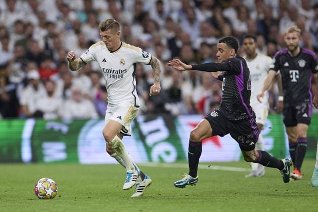 Toni Kroos of Real Madrid CF with the ball during the UEFA Champions League match between Real Madrid and Bayern Munich at Santiago Bernabeu Stadium on May 8, 2024 in Madrid, Spain. (Photo by: LGM) FOOTBALL : Real Madrid vs Bayern Munich- UEFA Champions League - 08 05 2024 LGM Panoramic 