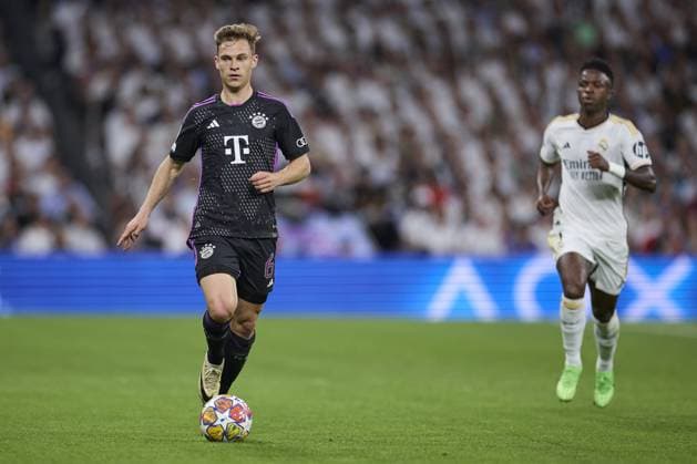 Joshua Kimmich of FC Bayern Munich with the ball during the UEFA Champions League match between Real Madrid and Bayern Munich at Santiago Bernabeu Stadium on May 8, 2024 in Madrid, Spain. (Photo by: LGM) FOOTBALL : Real Madrid vs Bayern Munich- UEFA Champions League - 08 05 2024 LGM Panoramic 
