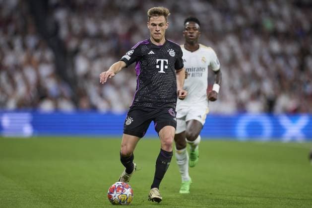 Joshua Kimmich of FC Bayern Munich with the ball during the UEFA Champions League match between Real Madrid and Bayern Munich at Santiago Bernabeu Stadium on May 8, 2024 in Madrid, Spain. (Photo by: LGM) FOOTBALL : Real Madrid vs Bayern Munich- UEFA Champions League - 08 05 2024 LGM Panoramic 