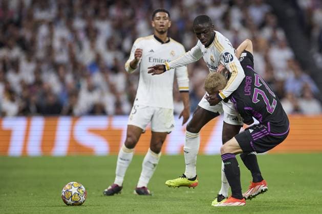 Ferland Mendy of Real Madrid CF compete for the ball with Konrad Laimer of FC Bayern Munich during the UEFA Champions League match between Real Madrid and Bayern Munich at Santiago Bernabeu Stadium on May 8, 2024 in Madrid, Spain. (Photo by: LGM) FOOTBALL : Real Madrid vs Bayern Munich- UEFA Champions League - 08 05 2024 LGM Panoramic 