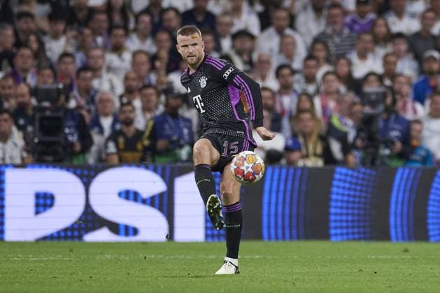 Eric Dier of FC Bayern Munich with the ball during the UEFA Champions League match between Real Madrid and Bayern Munich at Santiago Bernabeu Stadium on May 8, 2024 in Madrid, Spain. (Photo by: LGM) FOOTBALL : Real Madrid vs Bayern Munich- UEFA Champions League - 08 05 2024 LGM Panoramic 