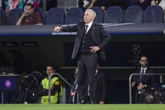 Real Madrid CF head coach Carlo Ancelotti reacts during the UEFA Champions League match between Real Madrid and Bayern Munich at Santiago Bernabeu Stadium on May 8, 2024 in Madrid, Spain. (Photo by: LGM) FOOTBALL : Real Madrid vs Bayern Munich- UEFA Champions League - 08 05 2024 LGM Panoramic 