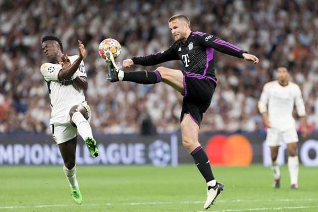 UEFA CHAMPIONS LEAGUE - Real Madrid vs FC Bayern München MADRID, SPAIN - MAY 8: Eric Dier of Bayern Munich and Vinicius jr of Real Madrid in action during the UEFA CHAMPIONS LEAGUE 2023 24 semi-finals second leg match between Real Madrid and FC Bayern München at Santiago Bernabeu Stadium. (Photo by Guillermo Martinez) Madrid Santiago BernabÃ u Stadium Spain Copyright: xGuillermoxMartinezx