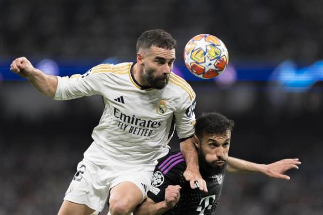 UEFA CHAMPIONS LEAGUE - Real Madrid vs FC Bayern München MADRID, SPAIN - MAY 8: Daniel Carvajal of Real Madrid and Noussair Mazraoui of Bayern Munich during the UEFA CHAMPIONS LEAGUE 2023 24 semi-finals second leg match between Real Madrid and FC Bayern München at Santiago Bernabeu Stadium. (Photo by Guillermo Martinez) Madrid Santiago BernabÃ u Stadium Spain Copyright: xGuillermoxMartinezx