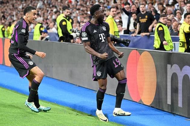 Madrid, Estadio Santiago Bernabeu, 08 05 24, GER, Men, UEFA Champions League, Season 2023 2024, Semifinal, Real Madrid CF FC Bayern Muenchen Picture Alphonso DAVIES Muenchen cheers after his goal to 0 1 Only for editorial use UEFA regulations prohibit any use of photographs as image sequences and or quasi video Spain