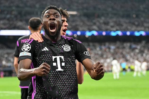 Madrid, Estadio Santiago Bernabeu, 08 05 24, GER, Men, UEFA Champions League, Season 2023 2024, Semifinal, Real Madrid CF FC Bayern Muenchen Picture Alphonso DAVIES Muenchen cheers after his goal to 0 1 Only for editorial use UEFA regulations prohibit any use of photographs as image sequences and or quasi video Spain