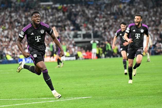 Madrid, Estadio Santiago Bernabeu, 08 05 24, GER, Men, UEFA Champions League, Season 2023 2024, Semifinal, Real Madrid CF FC Bayern Muenchen Picture Alphonso DAVIES Muenchen cheers after his goal to 0 1 Only for editorial use UEFA regulations prohibit any use of photographs as image sequences and or quasi video Spain