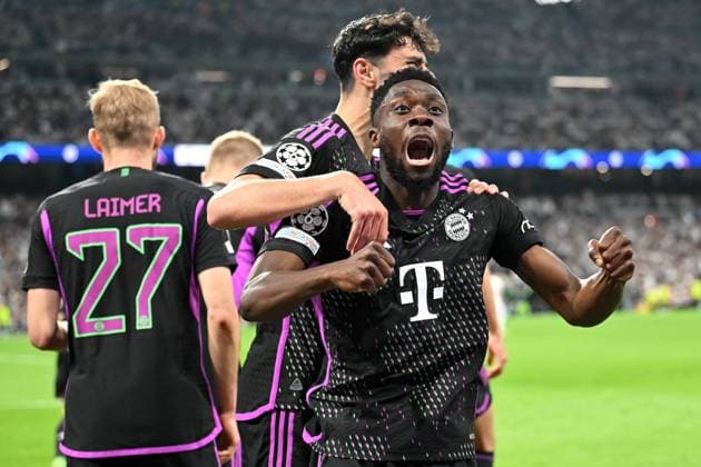 Madrid, Estadio Santiago Bernabeu, 08 05 24, GER, Men, UEFA Champions League, Season 2023 2024, Semifinal, Real Madrid CF FC Bayern Muenchen Picture Alphonso DAVIES Muenchen cheers after his goal to 0 1 Only for editorial use UEFA regulations prohibit any use of photographs as image sequences and or quasi video Spain