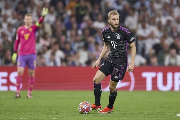 Konrad Laimer of FC Bayern Munich with the ball during the UEFA Champions League match between Real Madrid and Bayern Munich at Santiago Bernabeu Stadium on May 8, 2024 in Madrid, Spain. (Photo by: LGM) FOOTBALL : Real Madrid vs Bayern Munich- UEFA Champions League - 08 05 2024 LGM Panoramic 