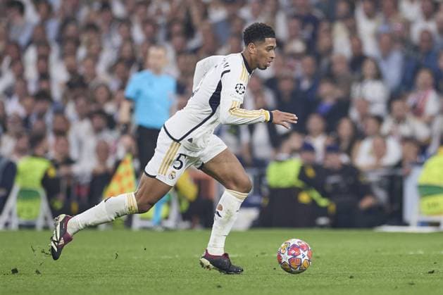 Jude Bellingham of Real Madrid CF with the ball during the UEFA Champions League match between Real Madrid and Bayern Munich at Santiago Bernabeu Stadium on May 8, 2024 in Madrid, Spain. (Photo by: LGM) FOOTBALL : Real Madrid vs Bayern Munich- UEFA Champions League - 08 05 2024 LGM Panoramic 