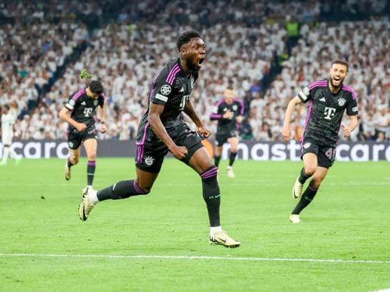 Alphonso Davies Bayern Muenchen 19 celebrates the goal for 0 1,Real Madrid vs FC Bayern Muenchen, Champions League, semi-final, second leg, season 2023 24, 8 5 2024, Real Madrid vs FC Bayern Muenchen, Champions League semi-final, second leg, season 2023 24, 8 5 2024, Madrid Copyright: xEibner-Pressefoto joergxNiebergax EP_JNL