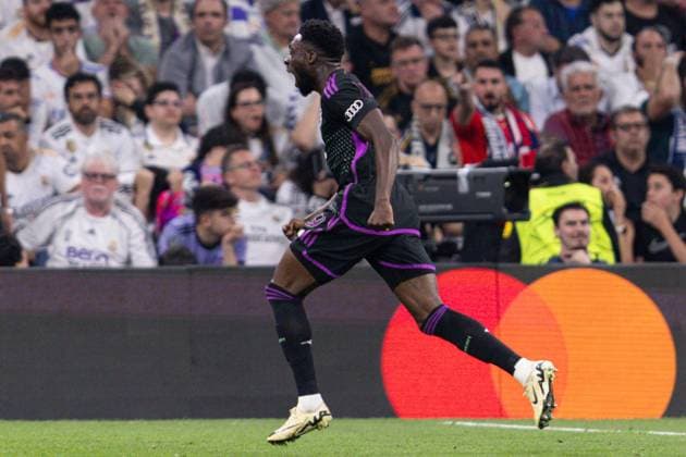 Alphonso Davies of Bayern Munich celebrates scoring a goal for their side to make it 1-0 Real Madrid v Bayern Munich, UEFA Champions League, Semi-Final, Football, Santiago Bernabeu Stadium, Madrid, Spain - 08 May 2024  Copyright: xRubenxAlbarran Shutterstockx 14469131ax