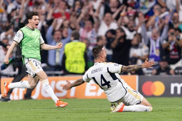 Joselu of Real Madrid celebrates scoring the goal for their side with their teammates to make it 2-1 Real Madrid v Bayern Munich, UEFA Champions League, Semi-Final, Football, Santiago Bernabeu Stadium, Madrid, Spain - 08 May 2024  Copyright: xRubenxAlbarran Shutterstockx 14469131cn
