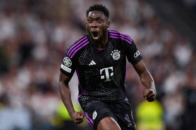 2024-05-08 Real Madrid v FC Bayern Munchen - Semi-final Second Leg - UEFA Champions League 2023 24 MADRID, SPAIN - MAY 8: Alphonso Davies of FC Bayern Munchen celebrates after scoring the team s first goal during the Semi-final Second Leg - UEFA Champions League 2023 24 match between Real Madrid and FC Bayern Munchen at Estadio Santiago Bernabeu on May 8, 2024 in Madrid, Spain. (Photo by Pablo Morano BSR Agency) Madrid Spain Content not available for redistribution in The Netherlands directly or indirectly through any third parties. Copyright: xBSRxAgencyx