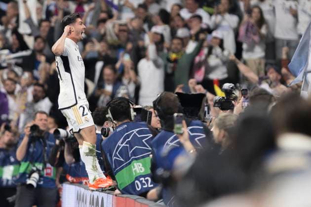 MADRID, SPAIN - MAY 8: Brahim Diaz of Real Madrid celebrates a goal during the UEFA CHAMPIONS LEAGUE 2023 24 semi-finals second leg match between Real Madrid and FC Bayern Mnchen at Santiago Bernabeu Stadium. ONLYxEDITORIALxUSAGE  (252553672)