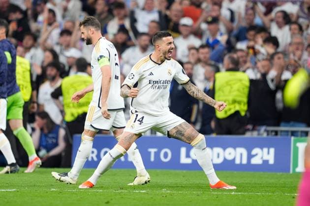 May 8, 2024, Madrid, Madrid, SPAIN: Joselu Mato of Real Madrid celebrates a goal during the UEFA Champions League, Semi Final Second Leg, football match played between Real Madrid and FC Bayern Munich at Santiago Bernabeu stadium on May 08, 2024 in Madrid, Spain. Madrid SPAIN - ZUMAa181 20240508_zaa_a181_100 Copyright: xOscarxJ.xBarrosox