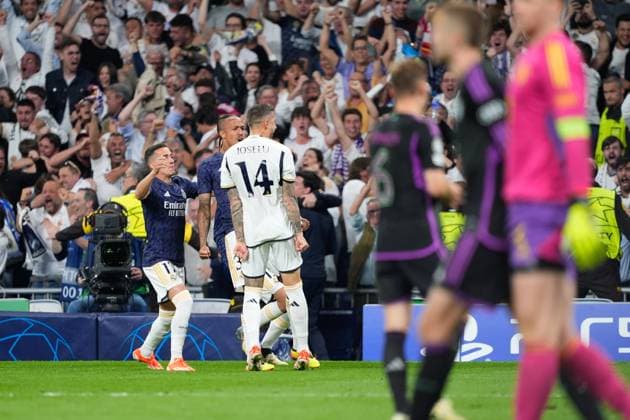 May 8, 2024, Madrid, Madrid, SPAIN: Joselu Mato of Real Madrid celebrates a goal during the UEFA Champions League, Semi Final Second Leg, football match played between Real Madrid and FC Bayern Munich at Santiago Bernabeu stadium on May 08, 2024 in Madrid, Spain. Madrid SPAIN - ZUMAa181 20240508_zaa_a181_098 Copyright: xOscarxJ.xBarrosox