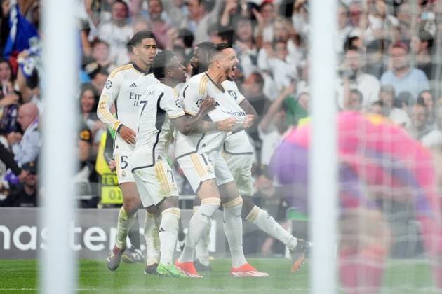 May 8, 2024, Madrid, Madrid, SPAIN: Joselu Mato of Real Madrid celebrates a goal during the UEFA Champions League, Semi Final Second Leg, football match played between Real Madrid and FC Bayern Munich at Santiago Bernabeu stadium on May 08, 2024 in Madrid, Spain. Madrid SPAIN - ZUMAa181 20240508_zaa_a181_102 Copyright: xOscarxJ.xBarrosox