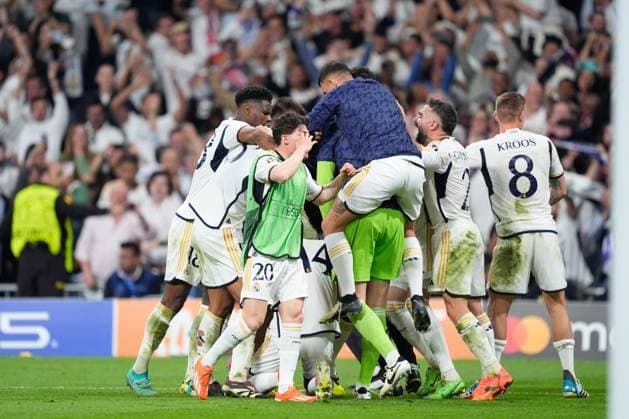 May 8, 2024, Madrid, Madrid, SPAIN: Joselu Mato of Real Madrid celebrates a goal during the UEFA Champions League, Semi Final Second Leg, football match played between Real Madrid and FC Bayern Munich at Santiago Bernabeu stadium on May 08, 2024 in Madrid, Spain. Madrid SPAIN - ZUMAa181 20240508_zaa_a181_112 Copyright: xOscarxJ.xBarrosox